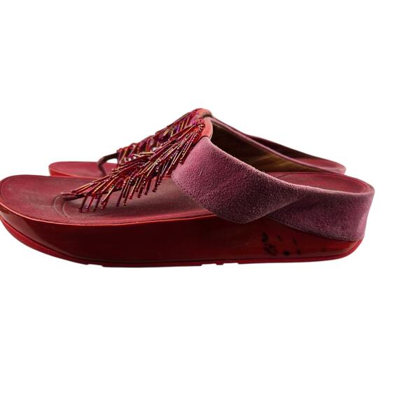 Fitflop Cha Cha Sandals Womens 11 Pink Suede Red Patent Beaded Thong Slip On - Picture 5 of 10